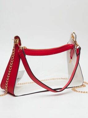 Clear Red Trim Shoulder Bag with Gold Chain
